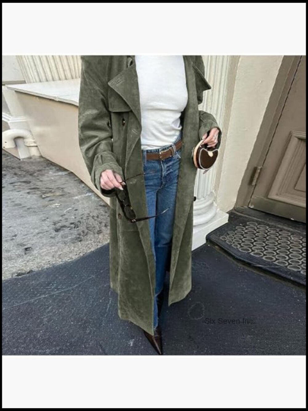 Faux Suede Long Trench Coat Notched Lapel Double Breasted Pea Coat with Belt - Picture 2 of 7